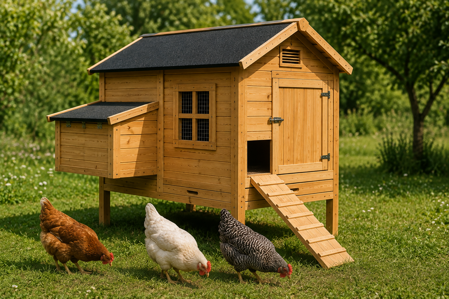Poulailler en bois avec nichoir latéral et rampe d'accès pour poules