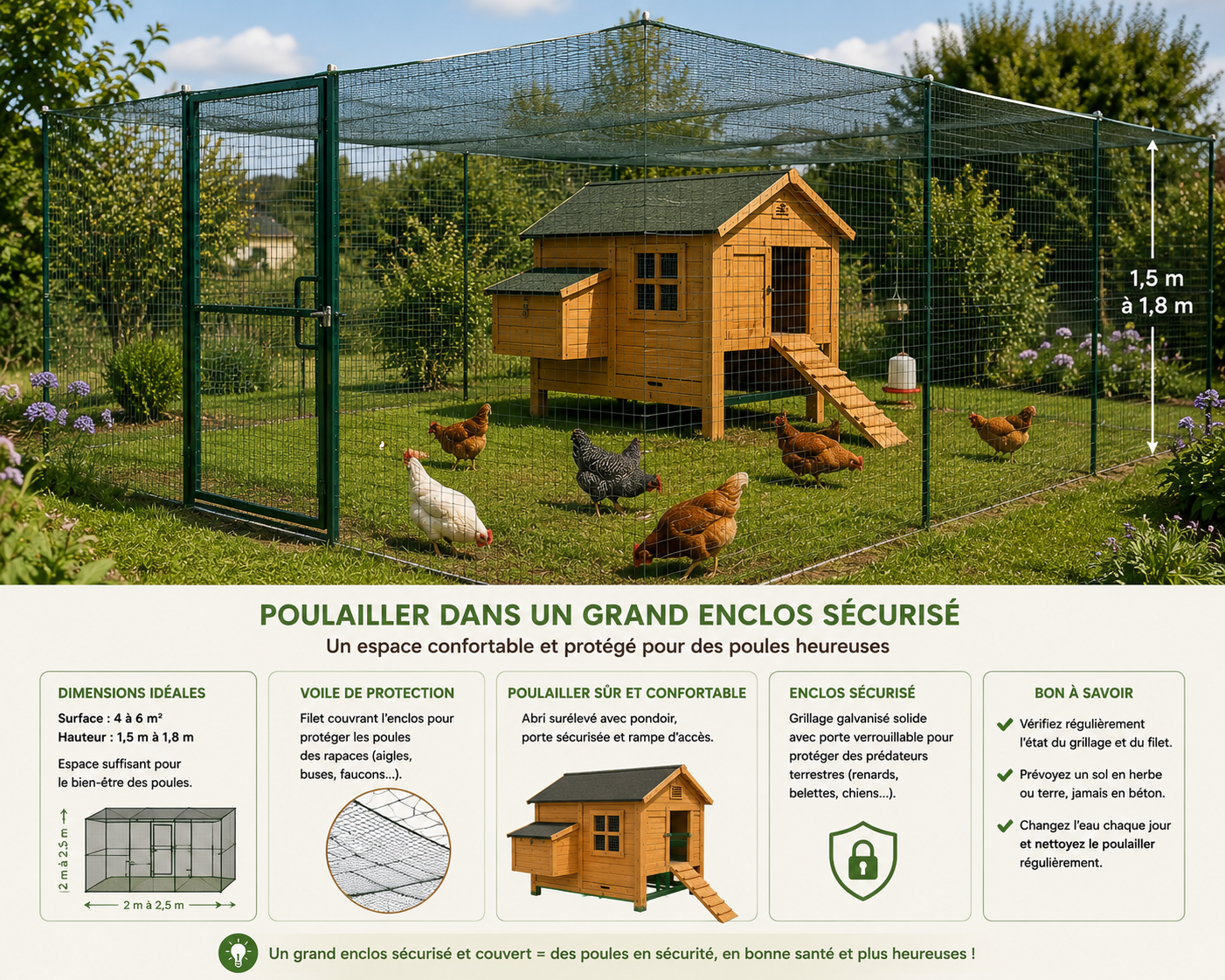 Organisation d'un poulailler dans un enclos sécurisé avec filet anti-rapaces