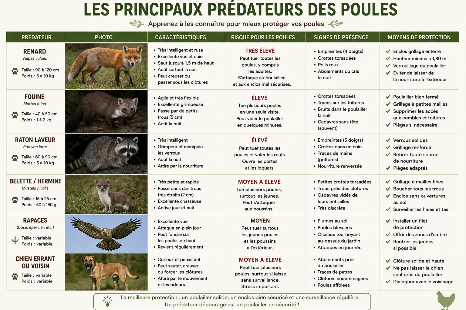 Les principaux prédateurs des poules — renard, fouine, rapaces, chien