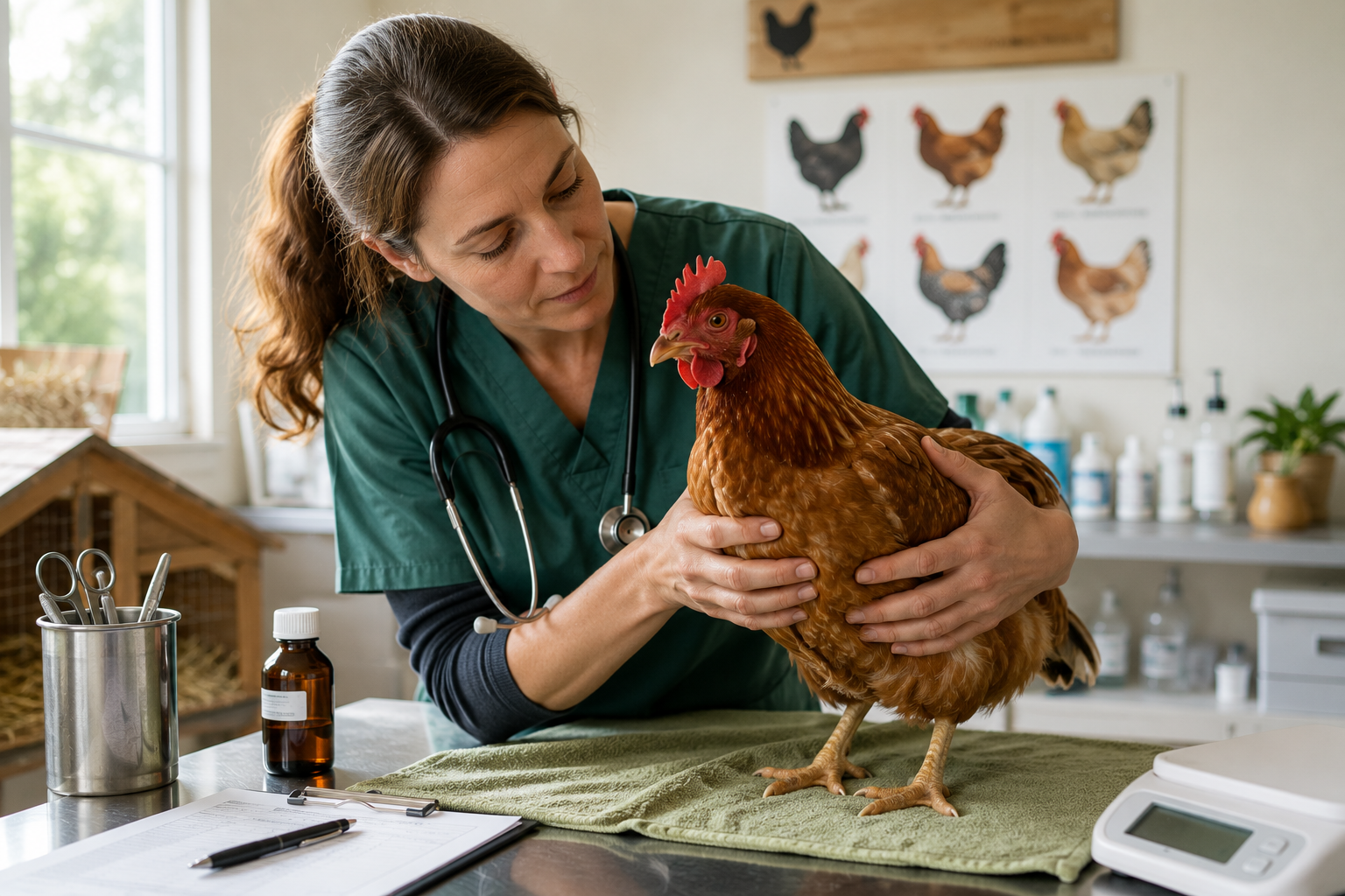 Vétérinaire examinant une poule en consultation