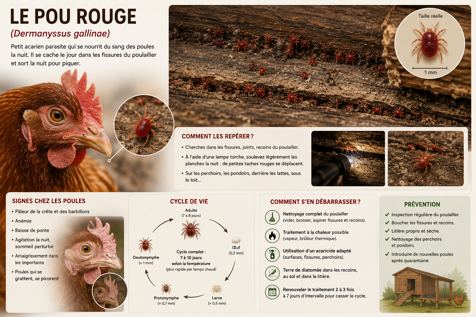 Le pou rouge (Dermanyssus gallinae) — cycle de vie, signes, détection et traitement