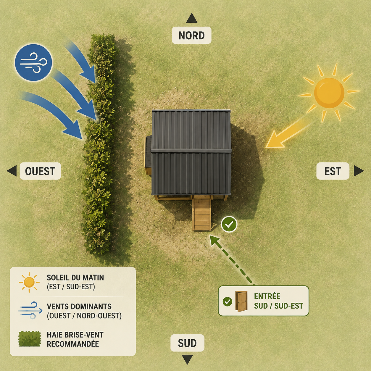 Schéma d'orientation d'un poulailler — entrée au sud, haie brise-vent côté ouest, soleil du matin à l'est