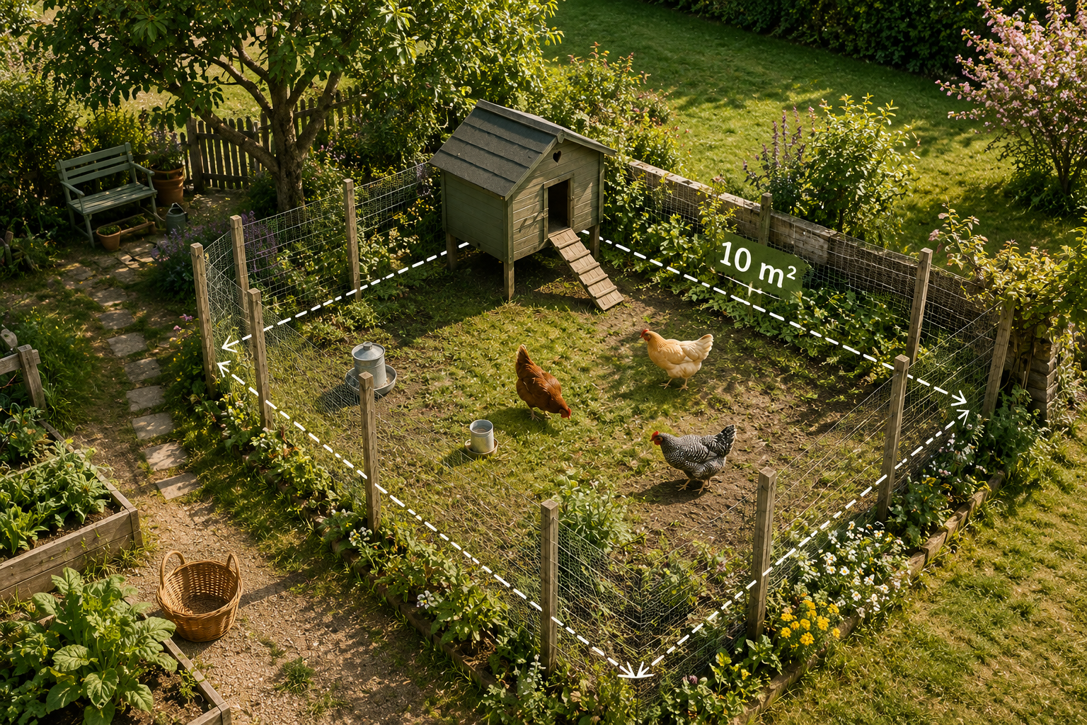 Parcours extérieur pour poules avec repère de surface au sol
