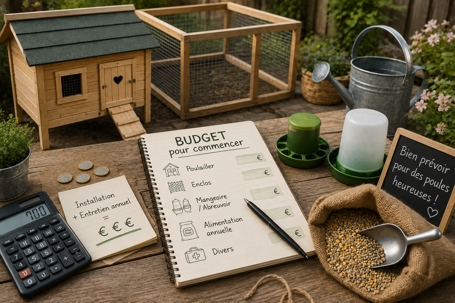 Illustration schématique du budget poulailler : poulailler, mangeoire, abreuvoir et pièces de monnaie